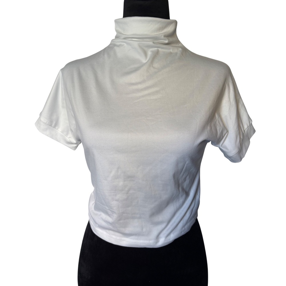 White Short Sleeve Turtleneck Crop Top mini Women M Shirt Stretch rockabilly